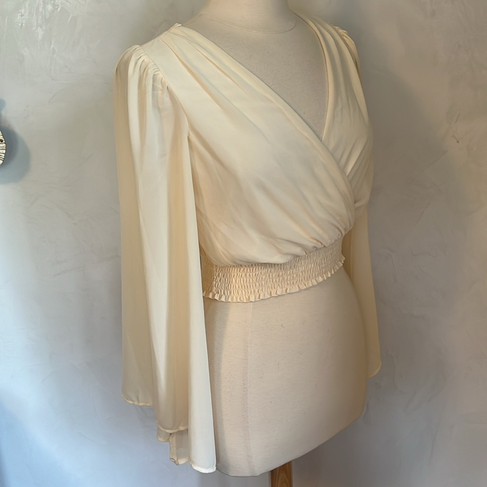 lulus Aura Ivory Smocked Long Flutter Sleeve chiffon top w/elastic waist Size S - Picture 8 of 10